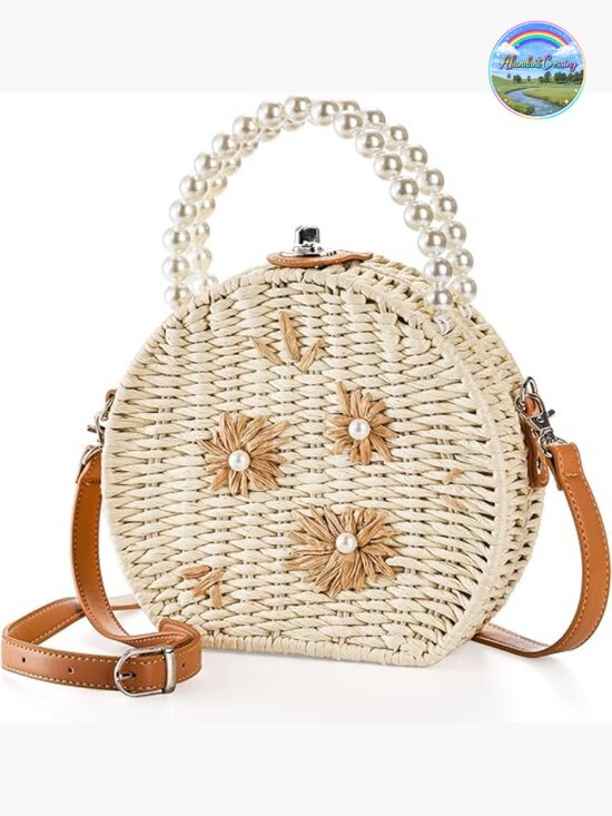 Handbags - Handwoven Round Rattan Straw Crossbody Bag with Pearl Handle - Boho Summer